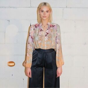By TiMo Silk Floral Blouse Boho Romantic Puff Sleeve Top Size XL